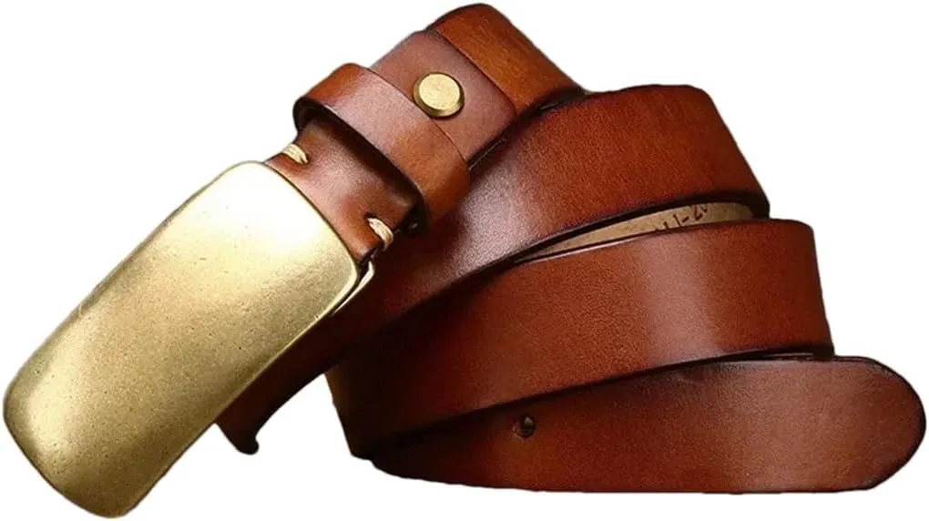 3.3Cm Cowskin Men Belt Genuine Leather Smooth Brass Buckle Strap Jeans Luxury Design Belts For Man