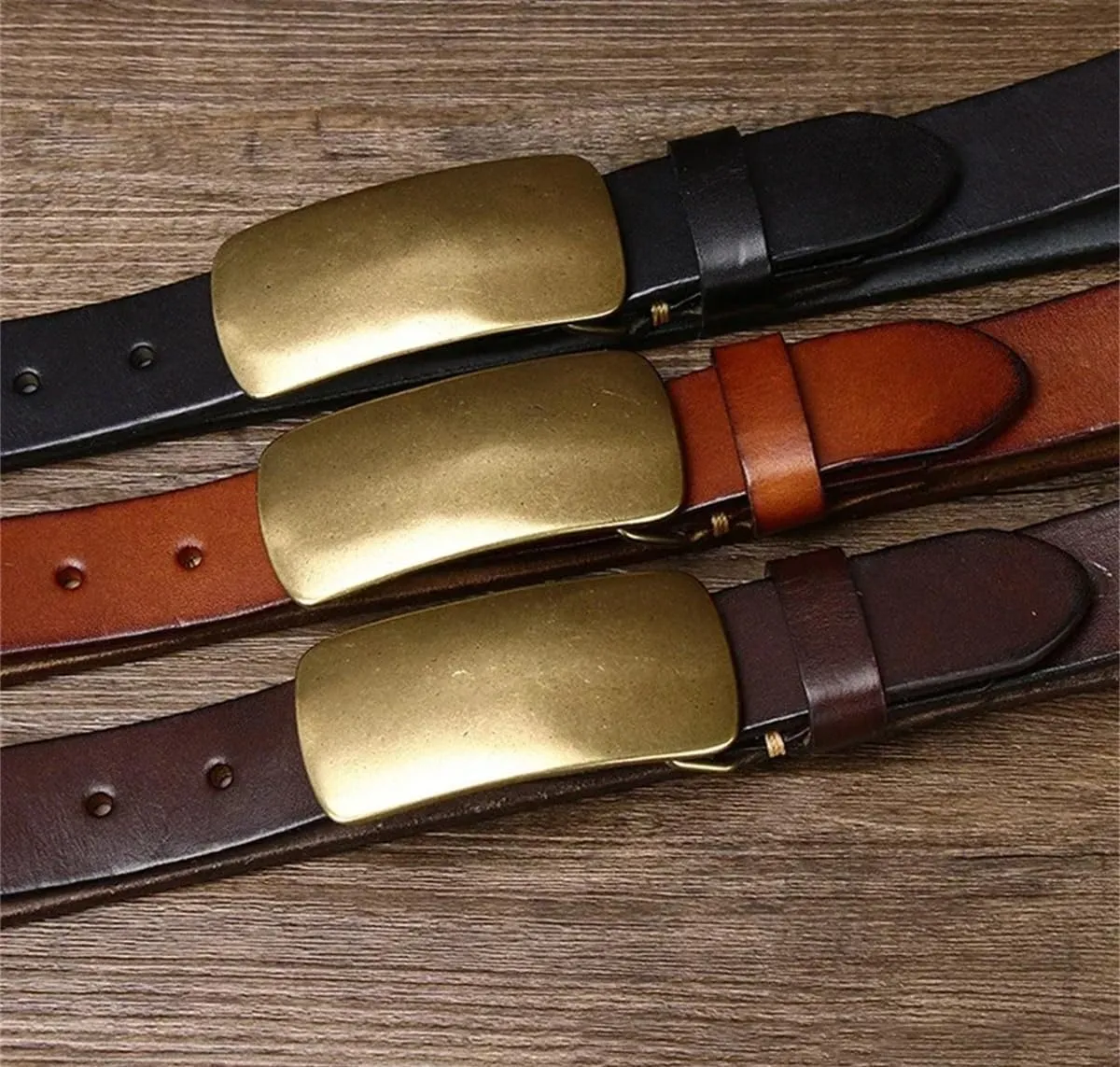 3.3Cm Cowskin Men Belt Genuine Leather Smooth Brass Buckle Strap Jeans Luxury Design Belts For Man
