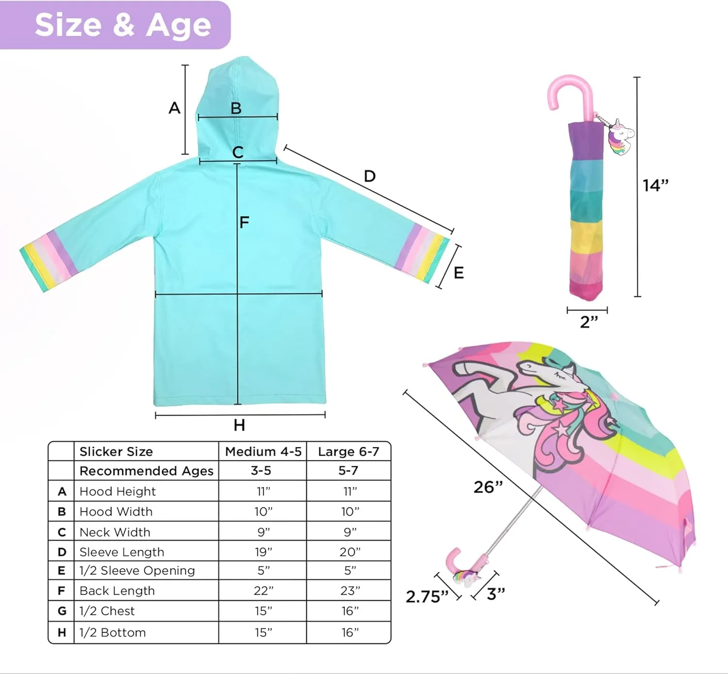 addie & tate Kids Umbrella for Girls and Boys & Rain Coats Set -Toddler Umbrellas Kids Raincoat Boys Girls Jacket