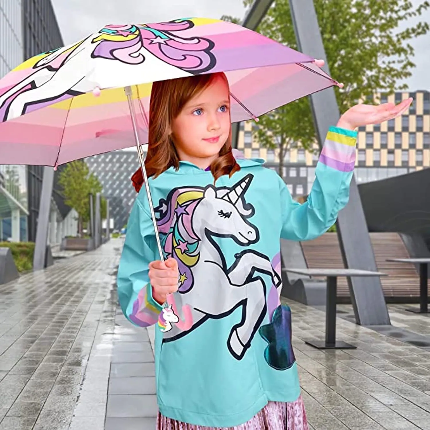 addie & tate Kids Umbrella for Girls and Boys & Rain Coats Set -Toddler Umbrellas Kids Raincoat Boys Girls Jacket