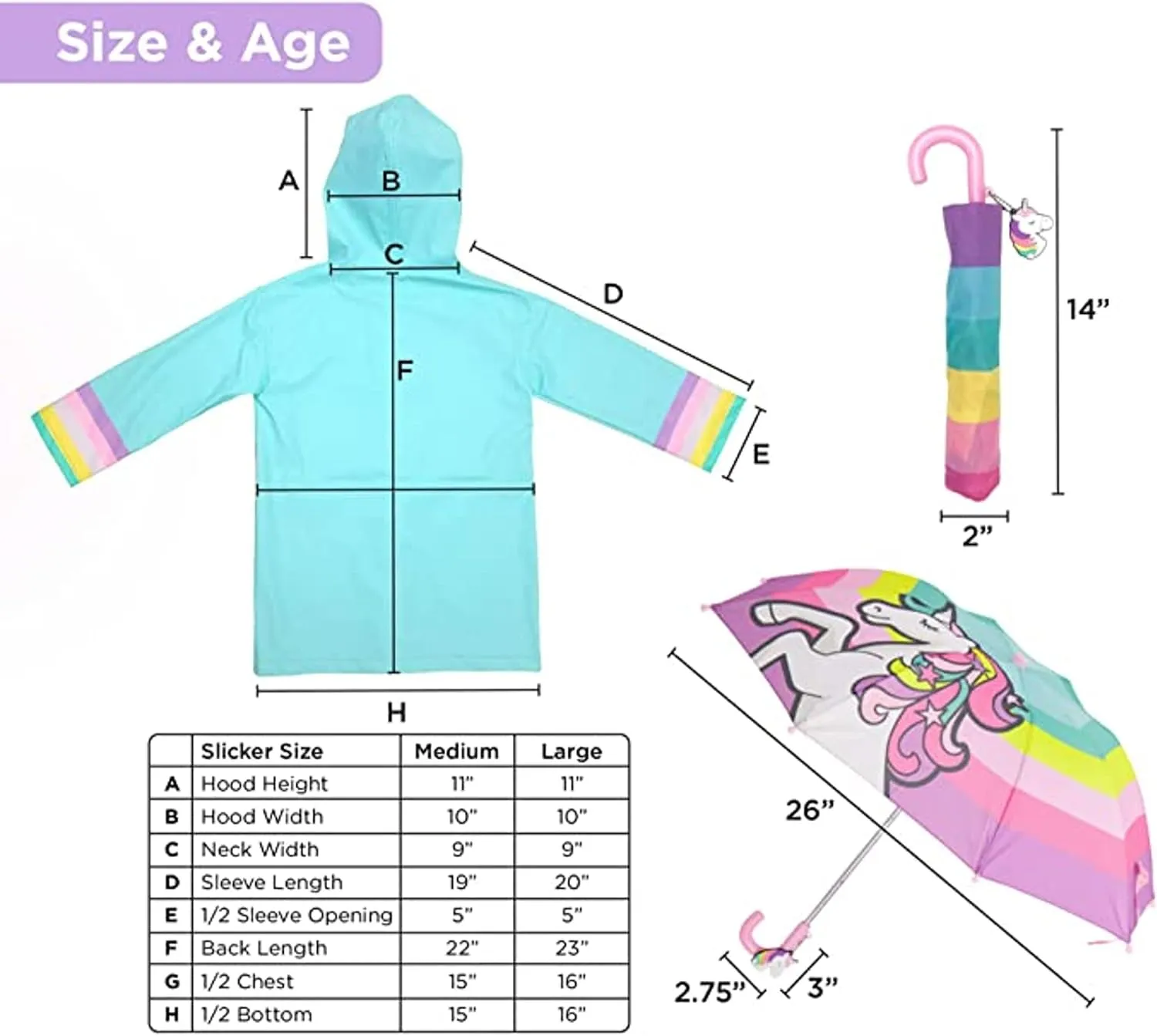 addie & tate Kids Umbrella for Girls and Boys & Rain Coats Set -Toddler Umbrellas Kids Raincoat Boys Girls Jacket