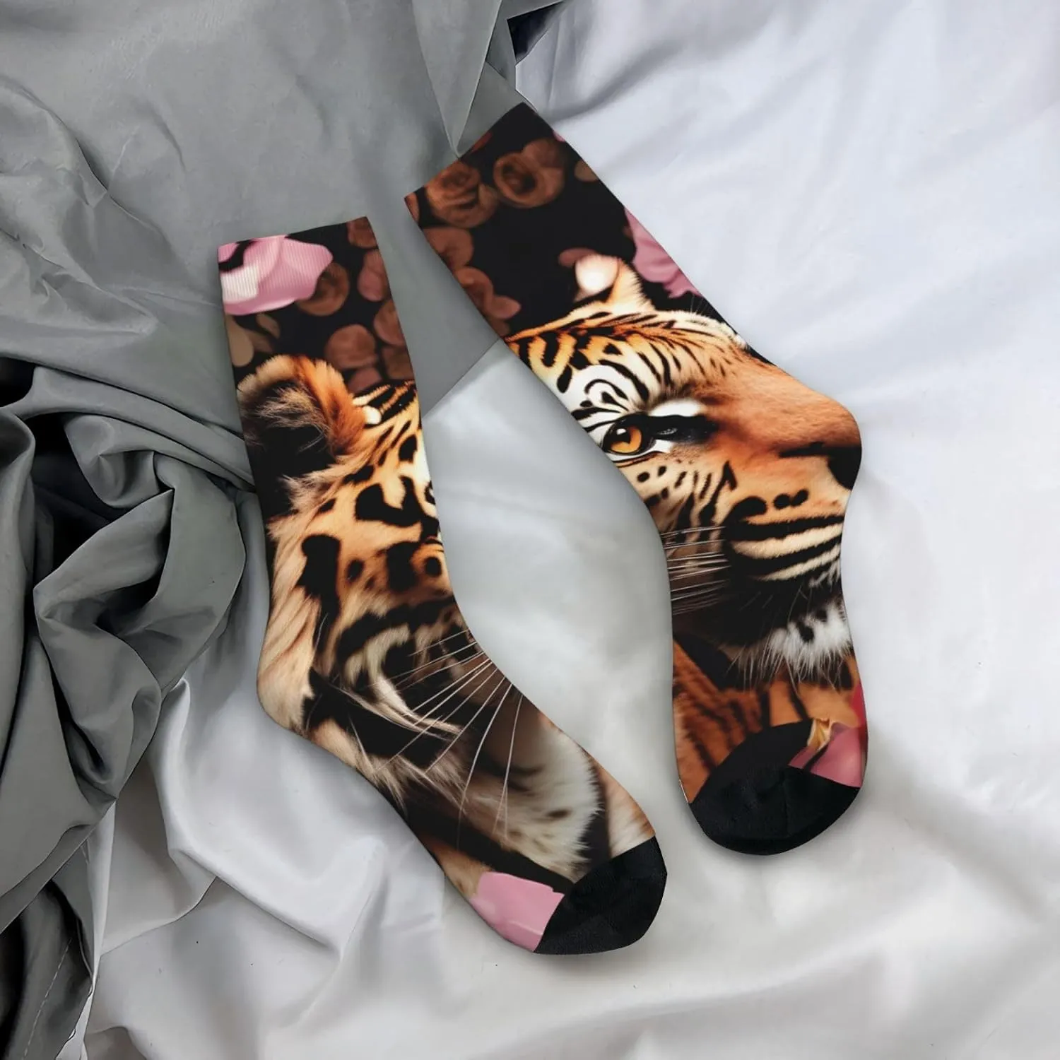 Animal Tiger Leopard Print Rose Flower Print Fun Socks,Novel Crazy Cool Socks,Pattern Funky Novelty Socks,Unisex Socks
