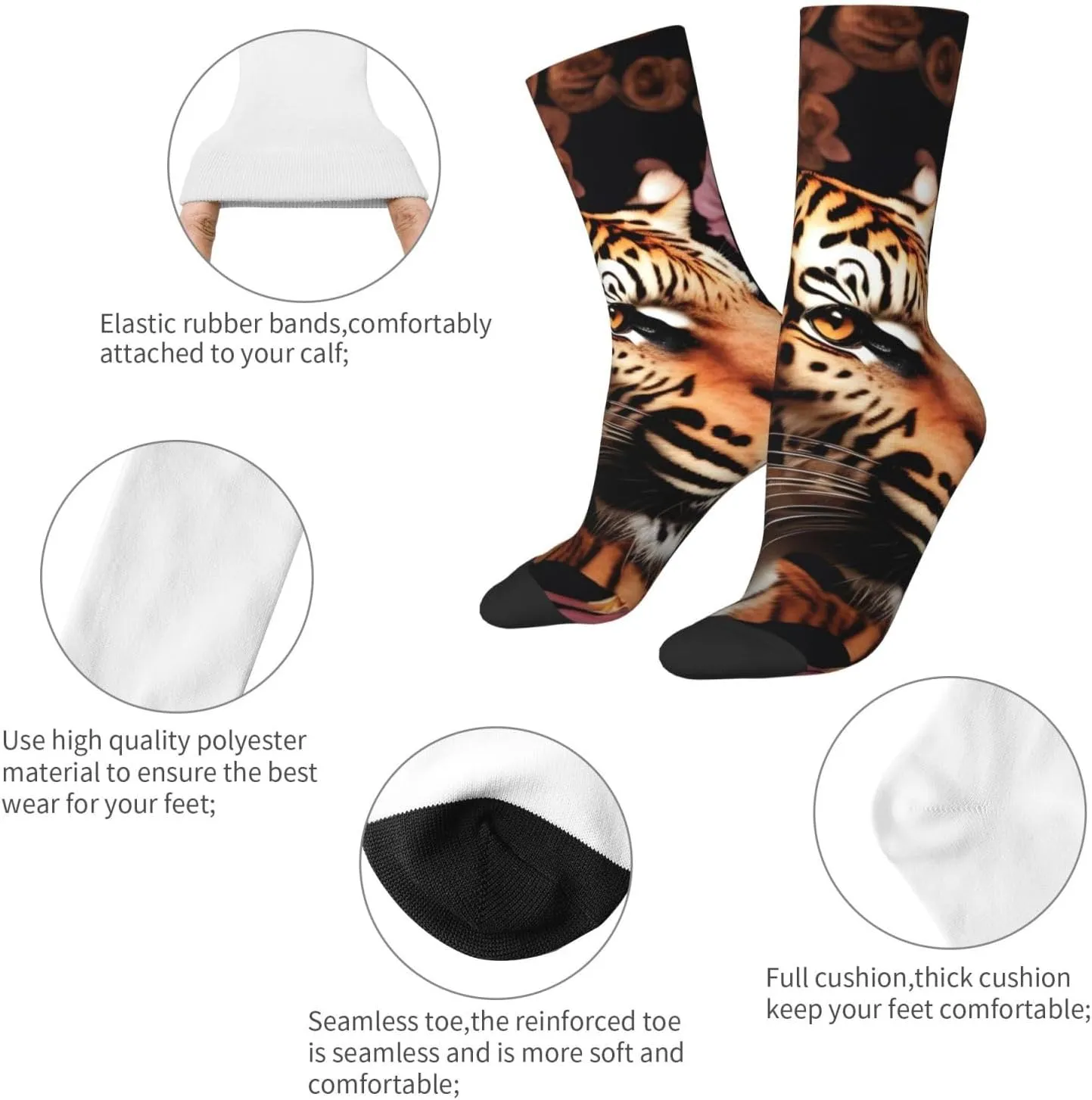 Animal Tiger Leopard Print Rose Flower Print Fun Socks,Novel Crazy Cool Socks,Pattern Funky Novelty Socks,Unisex Socks