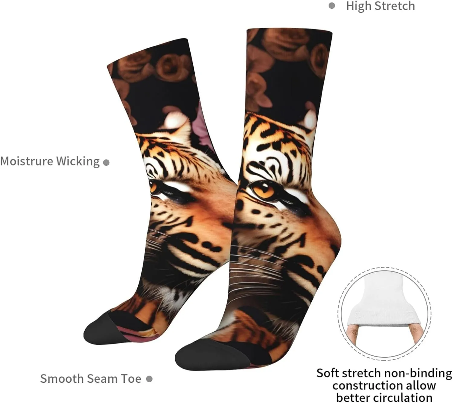 Animal Tiger Leopard Print Rose Flower Print Fun Socks,Novel Crazy Cool Socks,Pattern Funky Novelty Socks,Unisex Socks