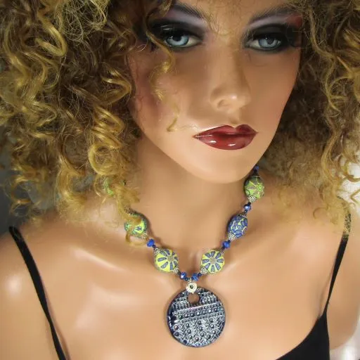 Blue & Green Handmade Artisan Beaded Pendant Nekclace