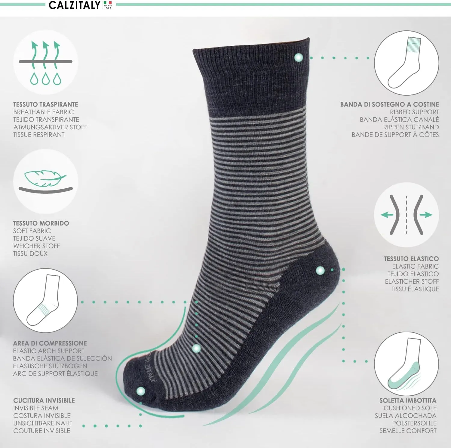 CALZITALY 3 Pairs of Merino Wool Striped Socks| Blue, Beige, Black | Men: 3.5-12, Women: 5-11 | Made in Italy