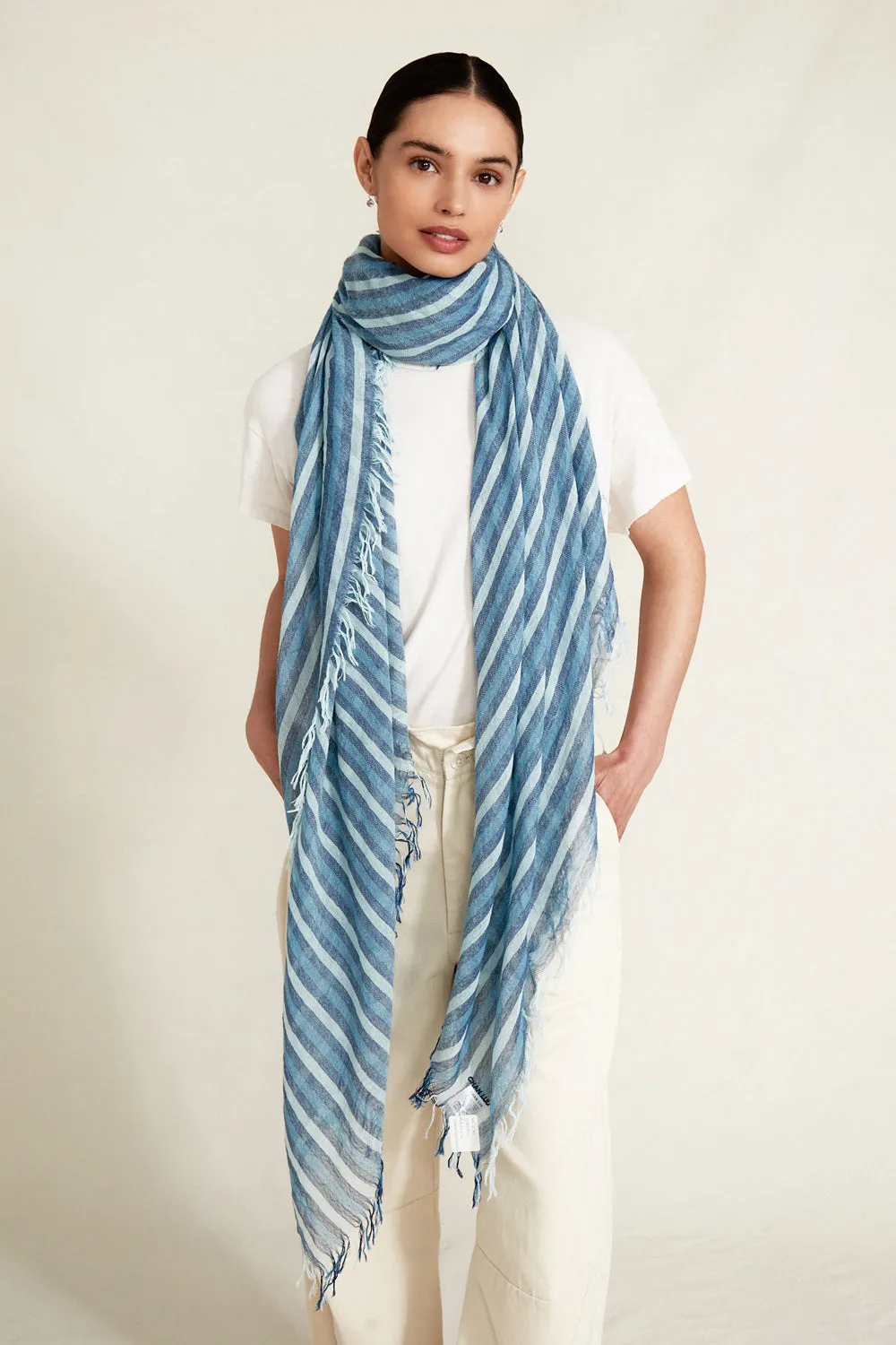 Chan Luu Stripe Cashmere & Silk Scarf- estate blue