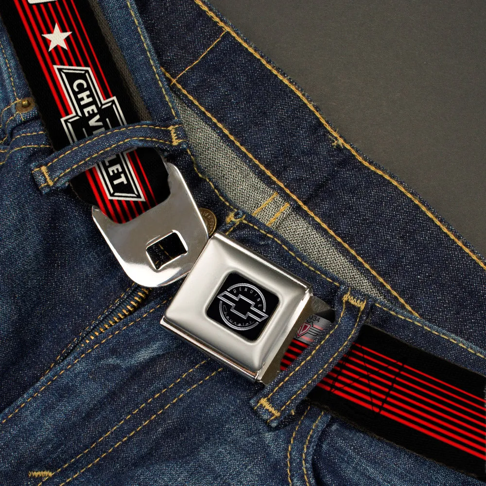 Chevy Seatbelt Belt - Vintage CHEVROLET Bowtie SINCE 1911/Stars Stripe Black/Red/Ivory (1934 logo) Webbing