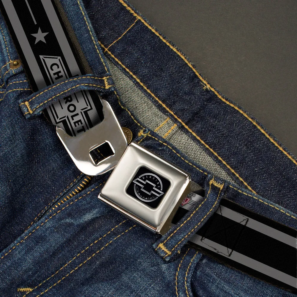 Chevy Seatbelt Belt - Vintage CHEVROLET Bowtie/Stars Stripe Black/Grays (1934 logo) Webbing