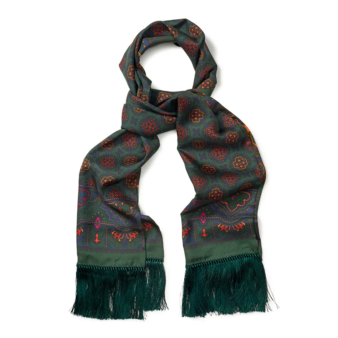Contrast Enlarged Paisley and Motif Silk Scarf with Tassels in Dark Green