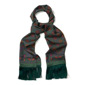 Contrast Enlarged Paisley and Motif Silk Scarf with Tassels in Dark Green