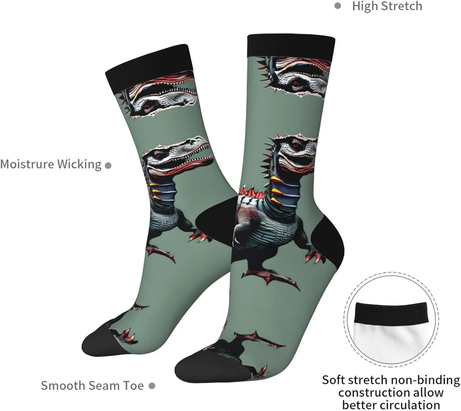 Cute Dinosa Print Fun Contrast Socks,Novel Crazy Cool Socks,Pattern Funky Novelty Socks,Unisex Bulk Socks