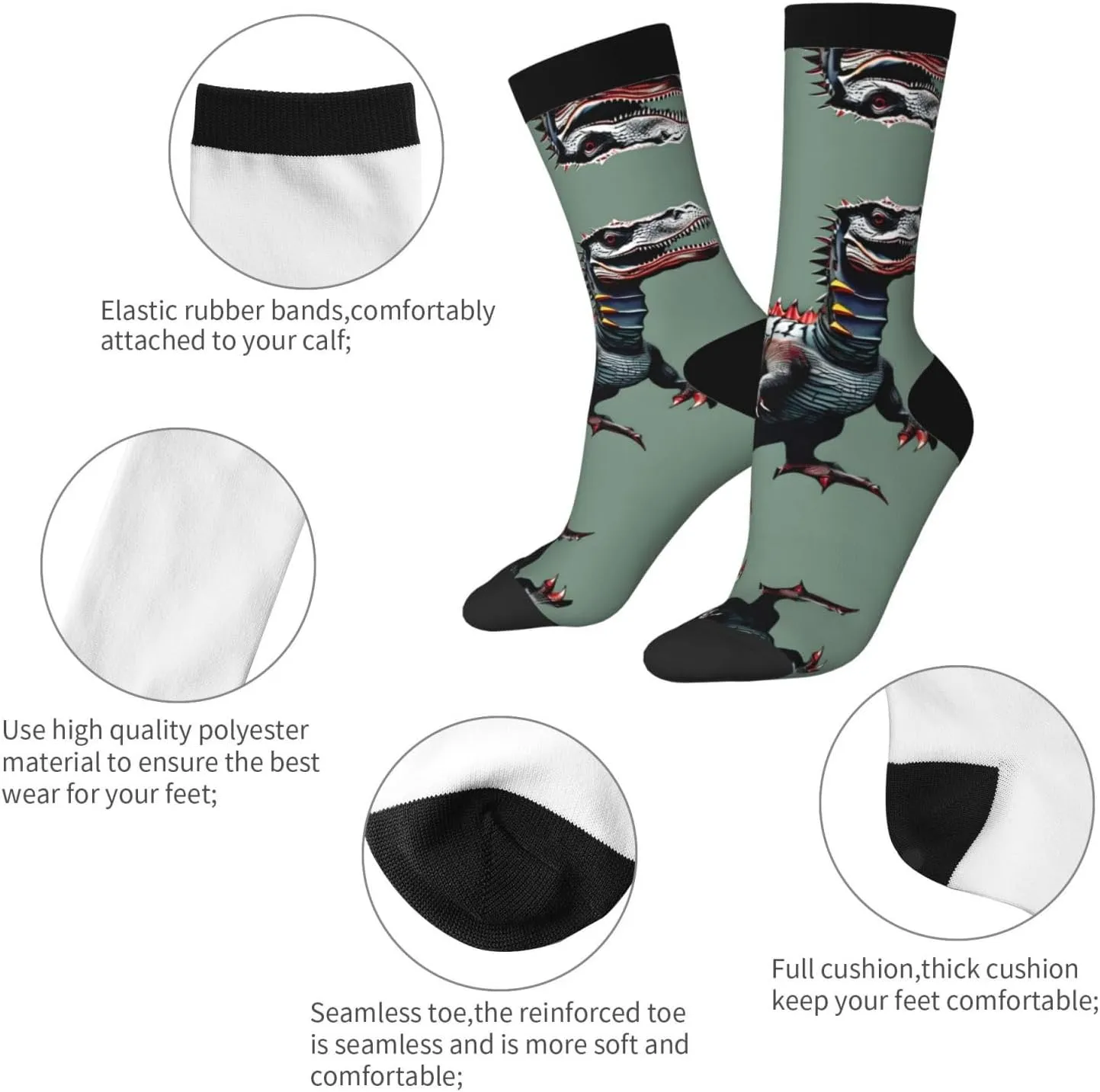 Cute Dinosa Print Fun Contrast Socks,Novel Crazy Cool Socks,Pattern Funky Novelty Socks,Unisex Bulk Socks
