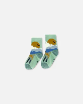 Deux Par Deux Socks Jadeite - Sage with Landscape