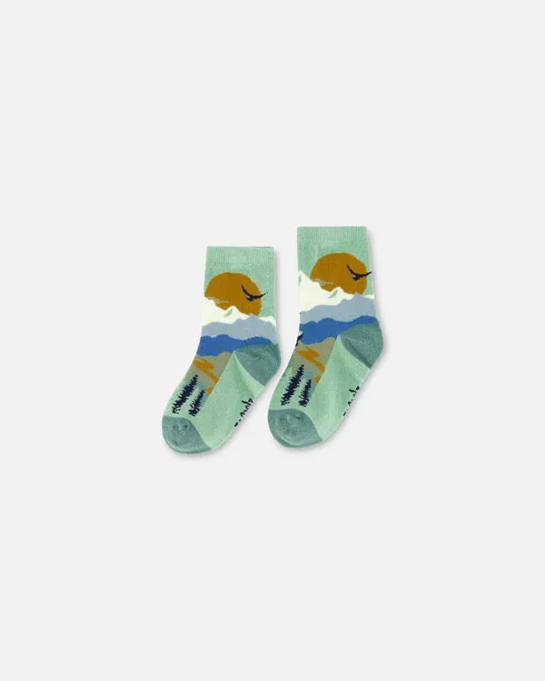 Deux Par Deux Socks Jadeite - Sage with Landscape