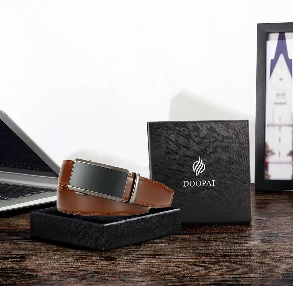 DOOPAI Men's Ratchet Leather Belt Set - 2 Pack Sliding Belt Adjustable For Gift Mens Dress Casual 1 3/8",Cut for Fit