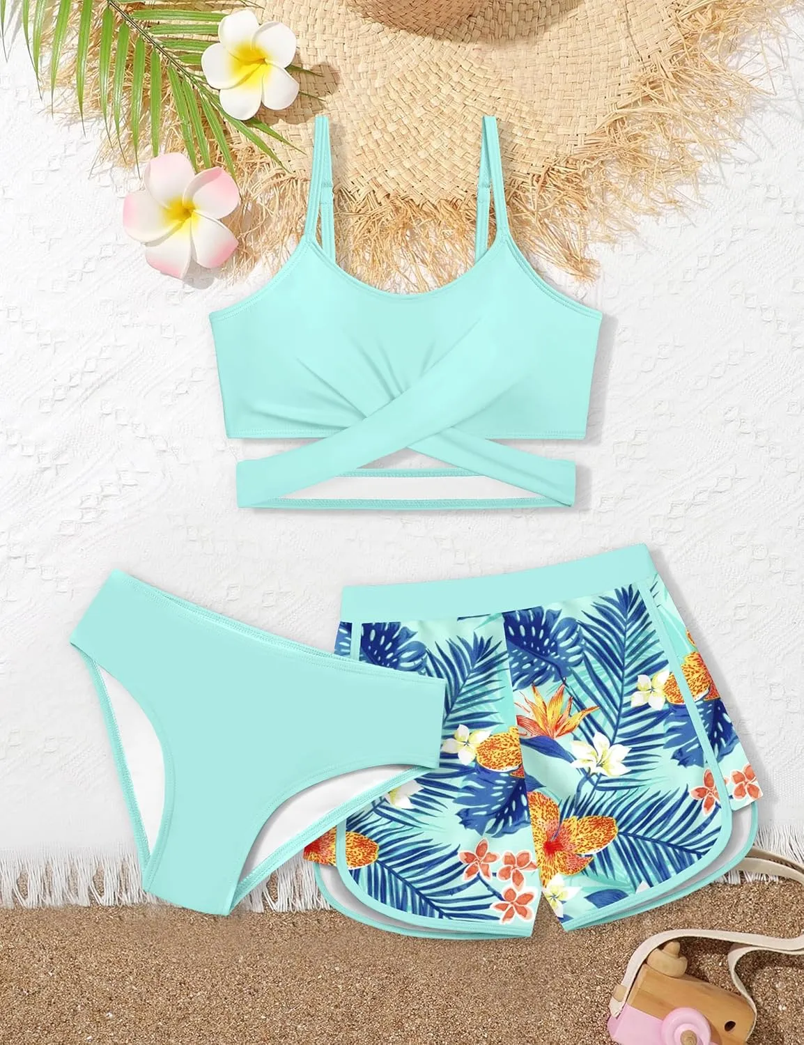 Girls Swimsuit 3 Piece Bathing Suit Criss Cross Bikini Set Girls' Swimwear with Shorts 7-16T