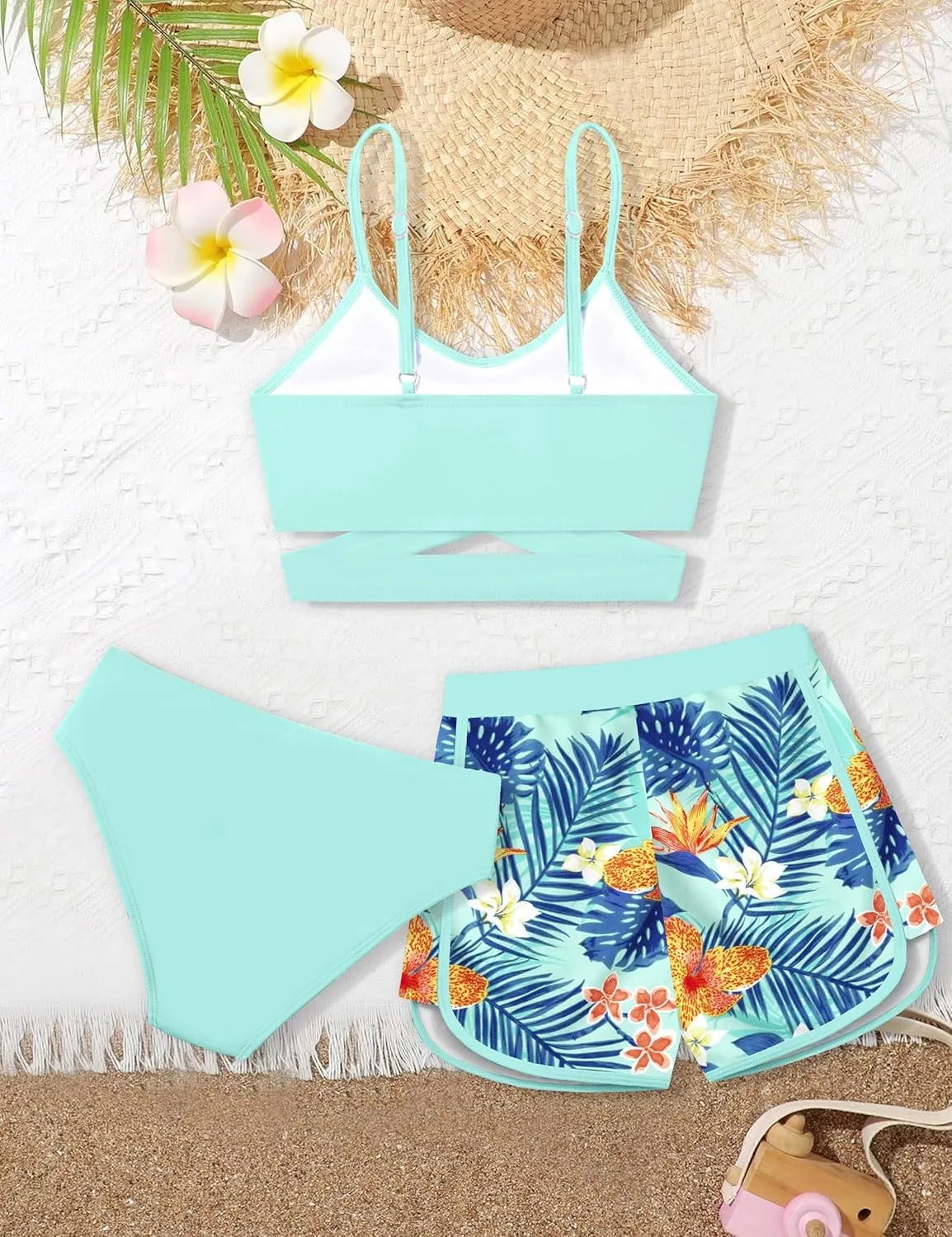 Girls Swimsuit 3 Piece Bathing Suit Criss Cross Bikini Set Girls' Swimwear with Shorts 7-16T
