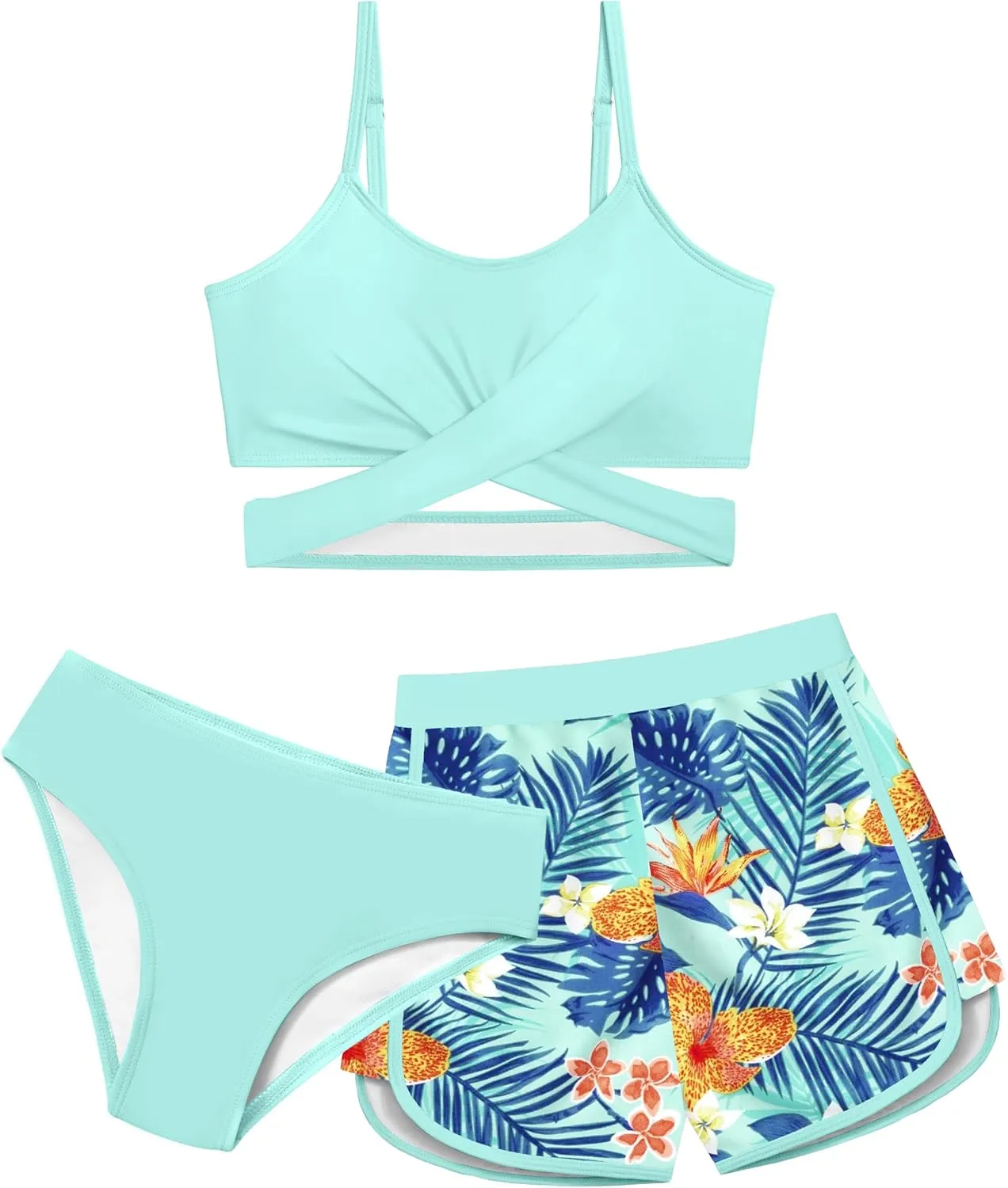 Girls Swimsuit 3 Piece Bathing Suit Criss Cross Bikini Set Girls' Swimwear with Shorts 7-16T