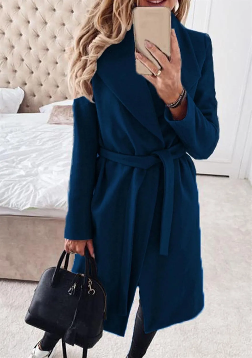 GORIFE Women's Winter Comfy Pea Coat Mid-Long Wrap Long Sleeve Overcoat Lapel Trench Coat with Belts