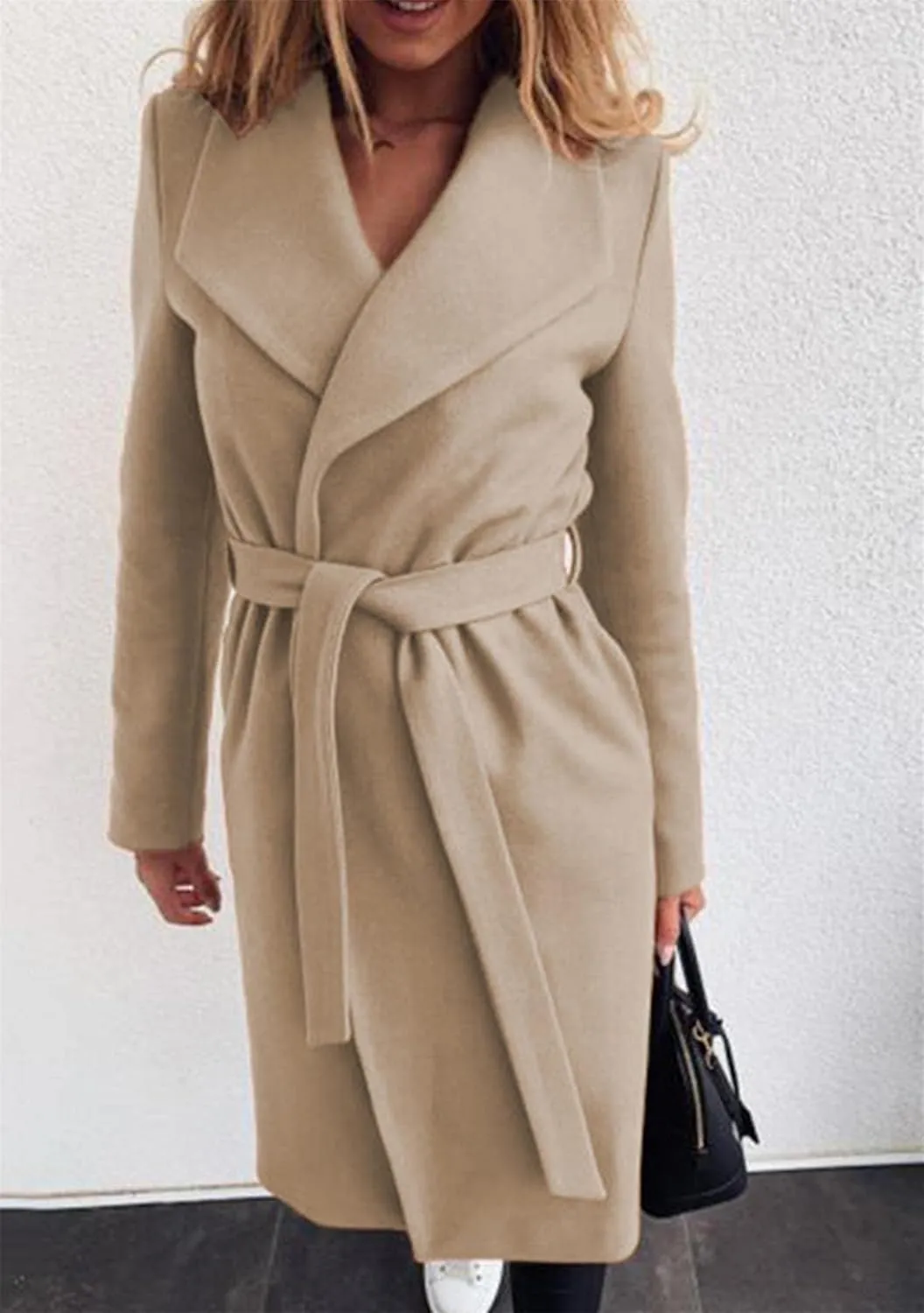 GORIFE Women's Winter Comfy Pea Coat Mid-Long Wrap Long Sleeve Overcoat Lapel Trench Coat with Belts