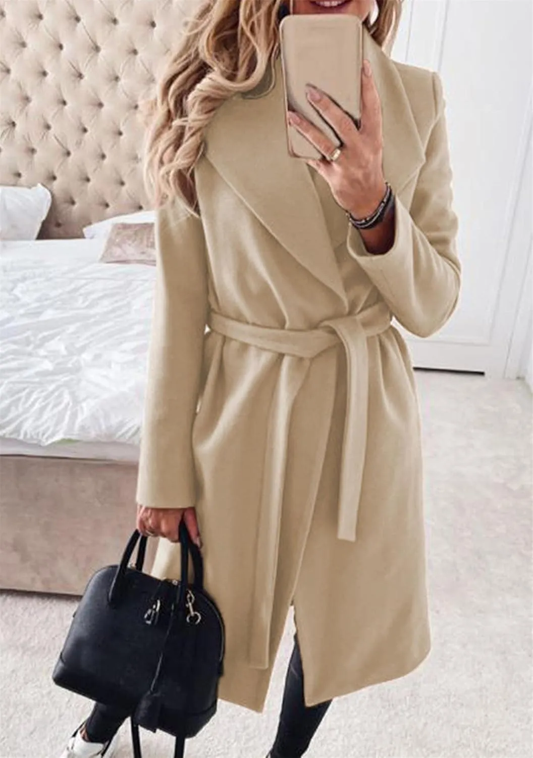 GORIFE Women's Winter Comfy Pea Coat Mid-Long Wrap Long Sleeve Overcoat Lapel Trench Coat with Belts