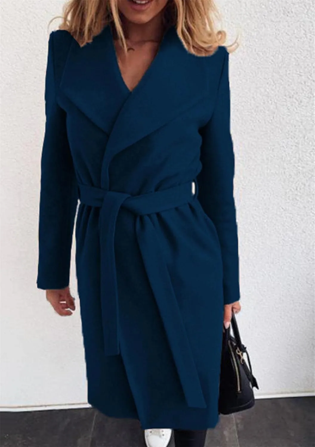 GORIFE Women's Winter Comfy Pea Coat Mid-Long Wrap Long Sleeve Overcoat Lapel Trench Coat with Belts