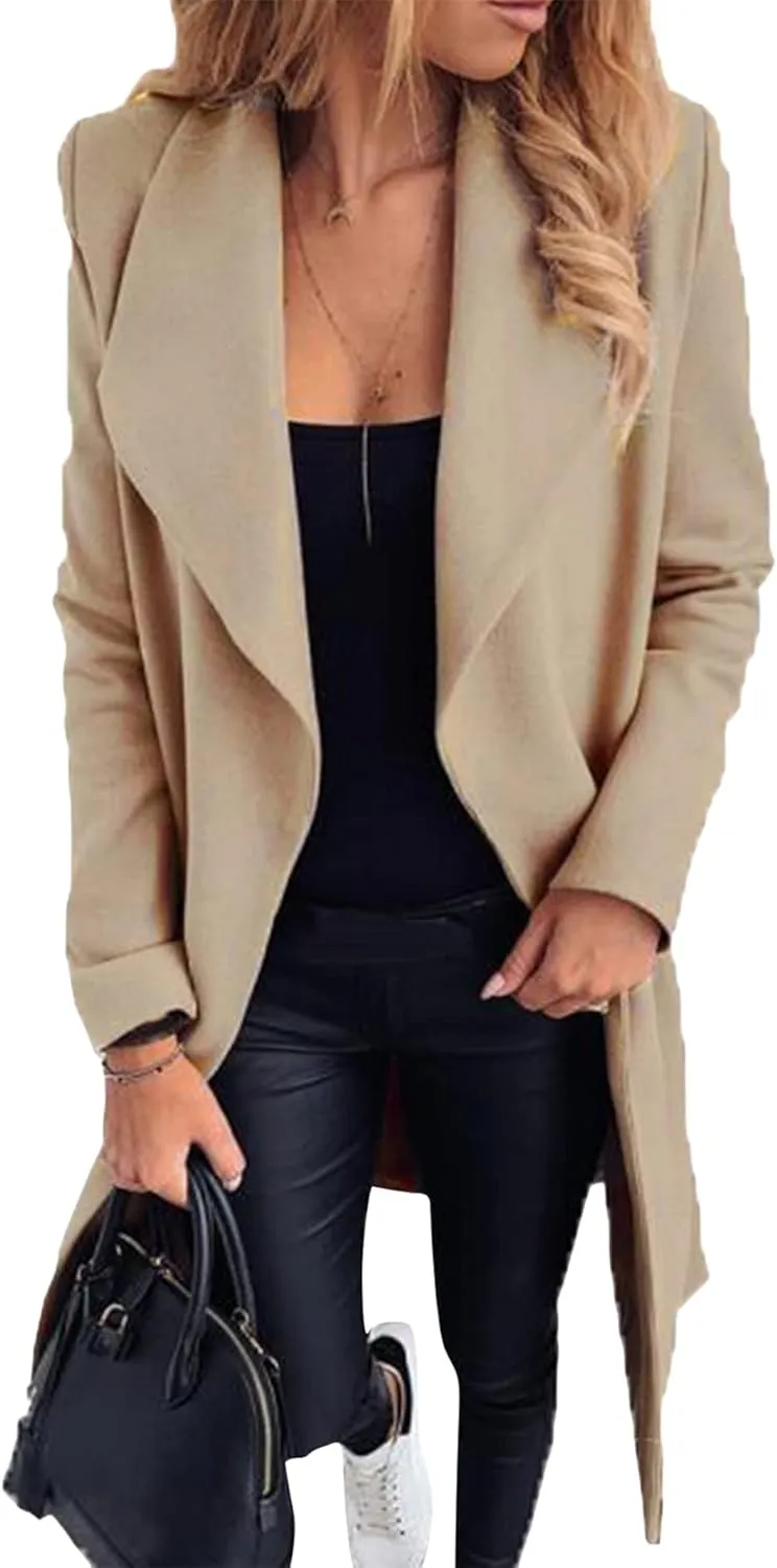 GORIFE Women's Winter Comfy Pea Coat Mid-Long Wrap Long Sleeve Overcoat Lapel Trench Coat with Belts