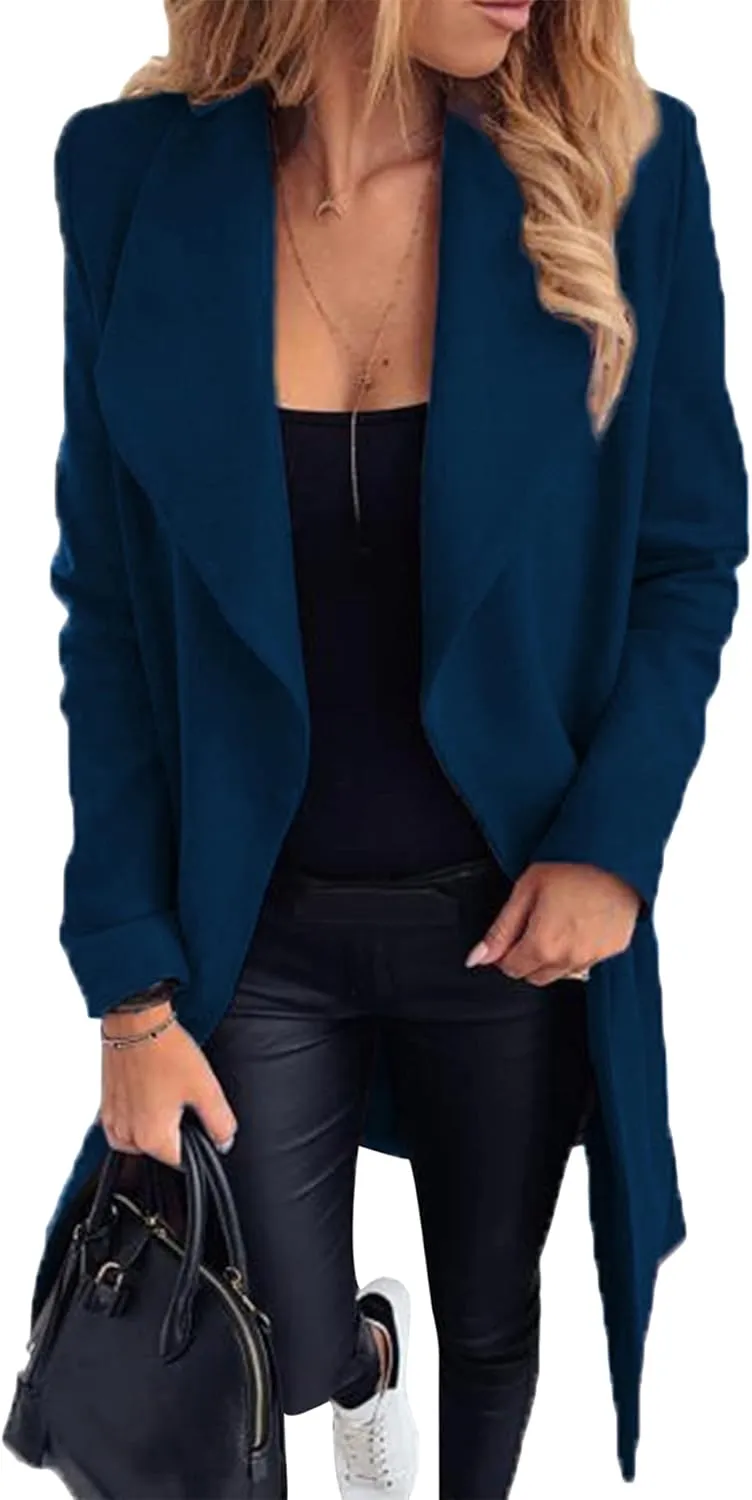 GORIFE Women's Winter Comfy Pea Coat Mid-Long Wrap Long Sleeve Overcoat Lapel Trench Coat with Belts
