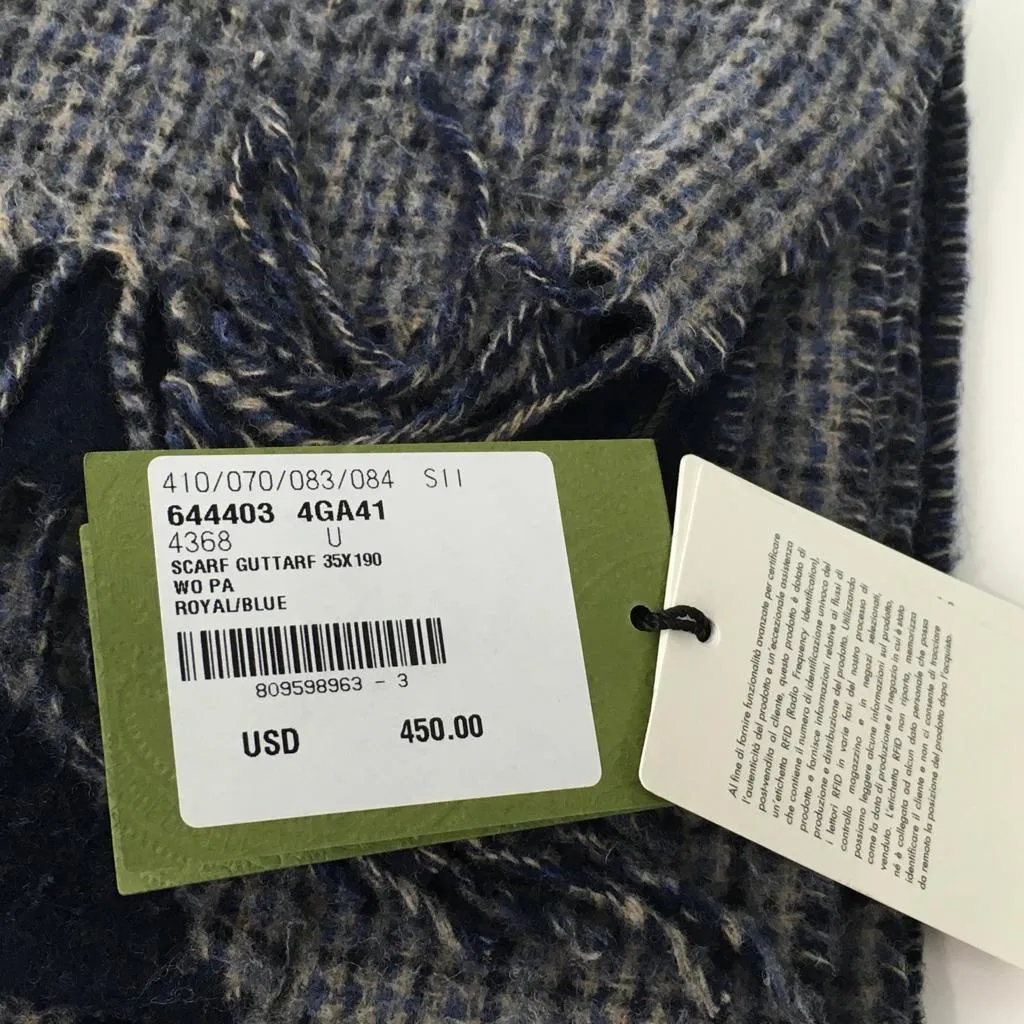 Gucci Men's Scarf Jacquard Wool Blend Logo Embroidery & Fringe Edges Gray & Navy Blue 190x35cm