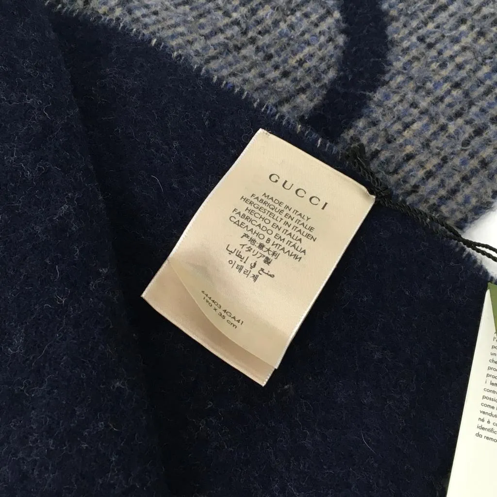 Gucci Men's Scarf Jacquard Wool Blend Logo Embroidery & Fringe Edges Gray & Navy Blue 190x35cm