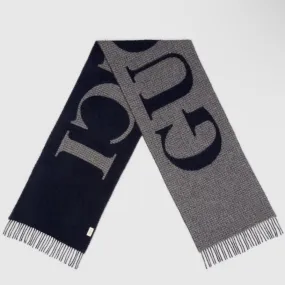 Gucci Men's Scarf Jacquard Wool Blend Logo Embroidery & Fringe Edges Gray & Navy Blue 190x35cm