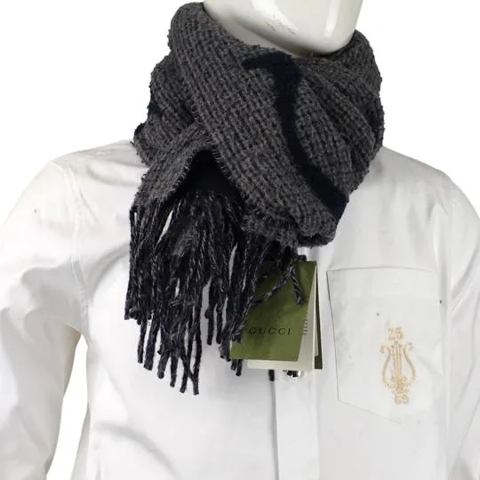 Gucci Men's Scarf Jacquard Wool Blend Logo Embroidery & Fringe Edges Gray & Navy Blue 190x35cm