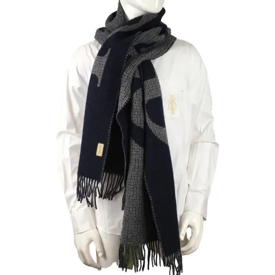 Gucci Men's Scarf Jacquard Wool Blend Logo Embroidery & Fringe Edges Gray & Navy Blue 190x35cm