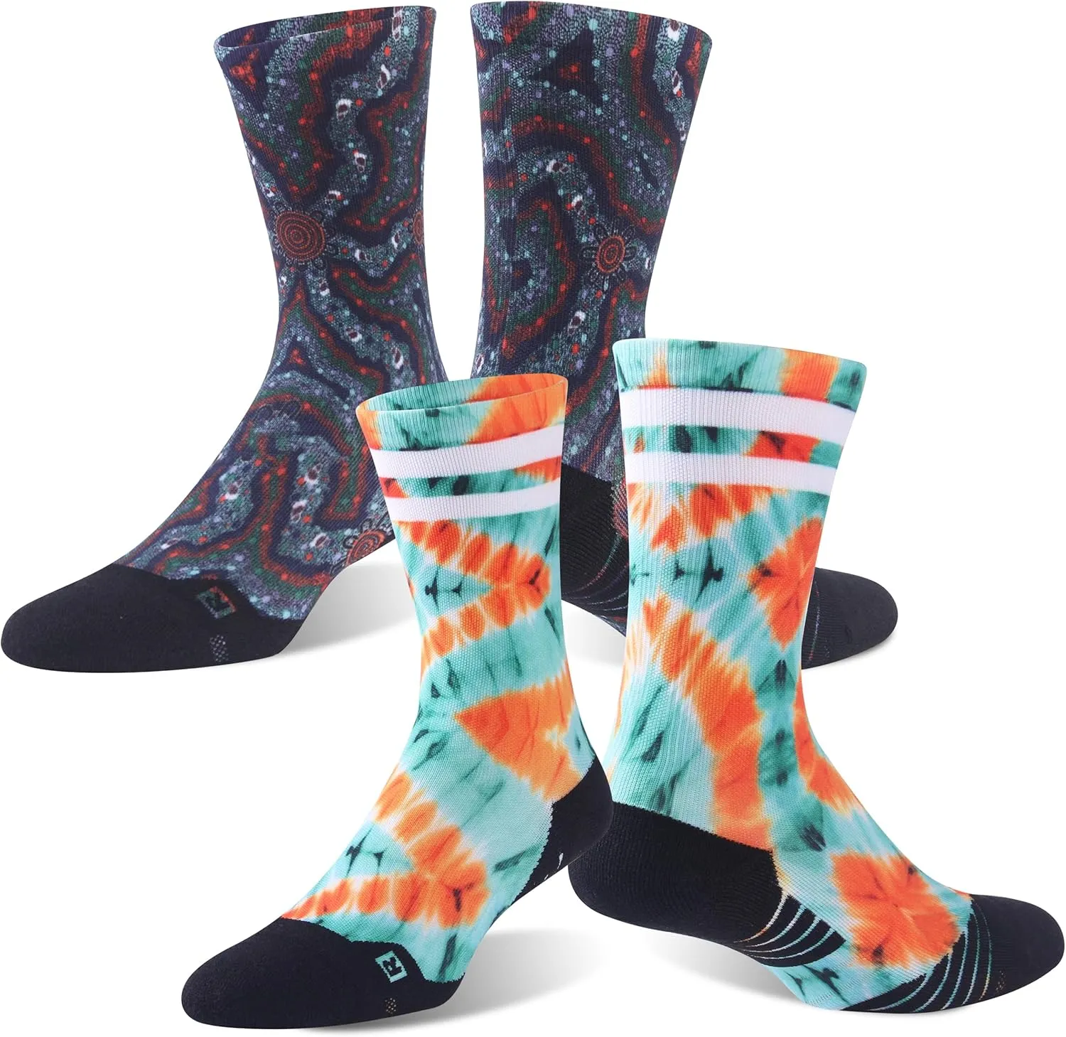 HUSO Running, Hiking and Cycling Socks for Men and Women, Colorful Printed Socks 2 Pairs