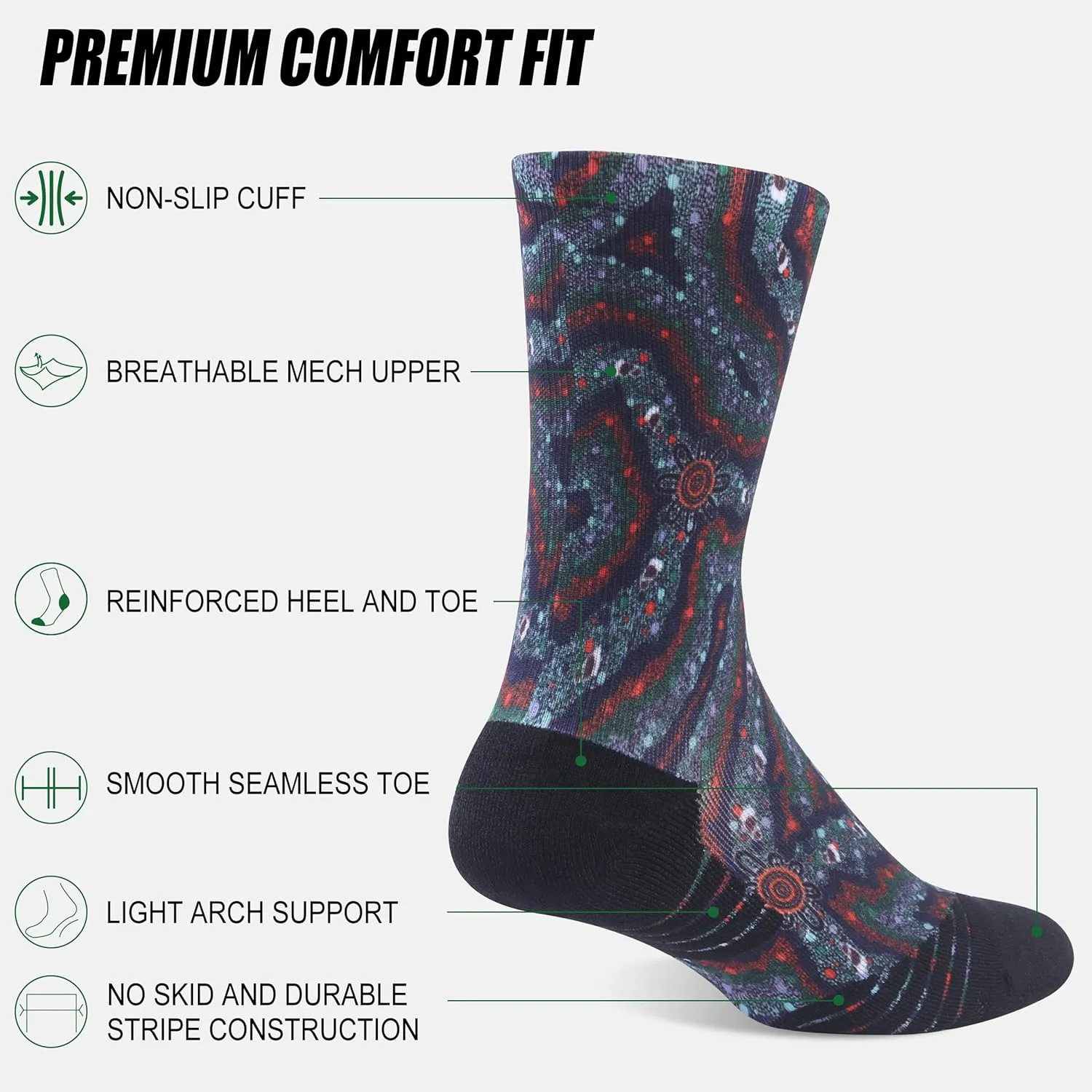 HUSO Running, Hiking and Cycling Socks for Men and Women, Colorful Printed Socks 2 Pairs