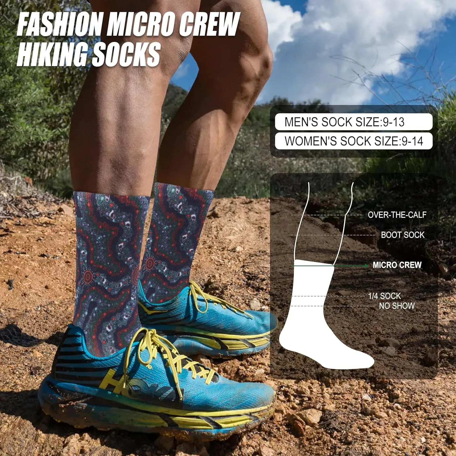 HUSO Running, Hiking and Cycling Socks for Men and Women, Colorful Printed Socks 2 Pairs