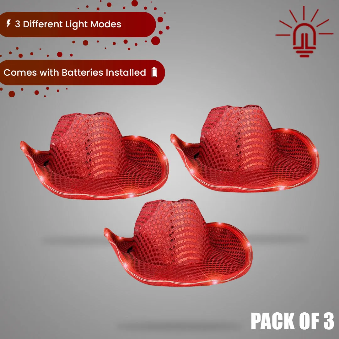 LED Light Up Flashing Sequin Red Cowboy Hat - Pack of 3 Hats
