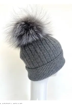 Linda Richards Rib Kint Cashmere Blend Pom-pom Hat Ha-92 | Grey
