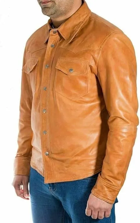 Men's Western Trucker Leather Jacket, Fitted Denim Shirt Style, Mens Wastern Cowboy Leather