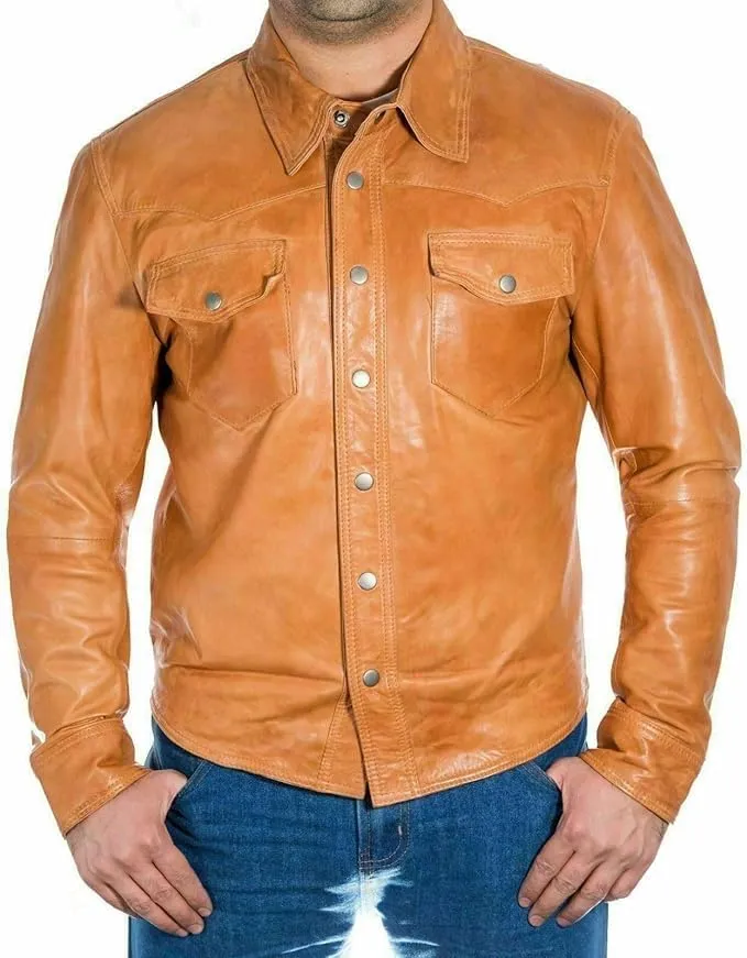Men's Western Trucker Leather Jacket, Fitted Denim Shirt Style, Mens Wastern Cowboy Leather