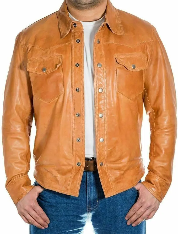 Men's Western Trucker Leather Jacket, Fitted Denim Shirt Style, Mens Wastern Cowboy Leather