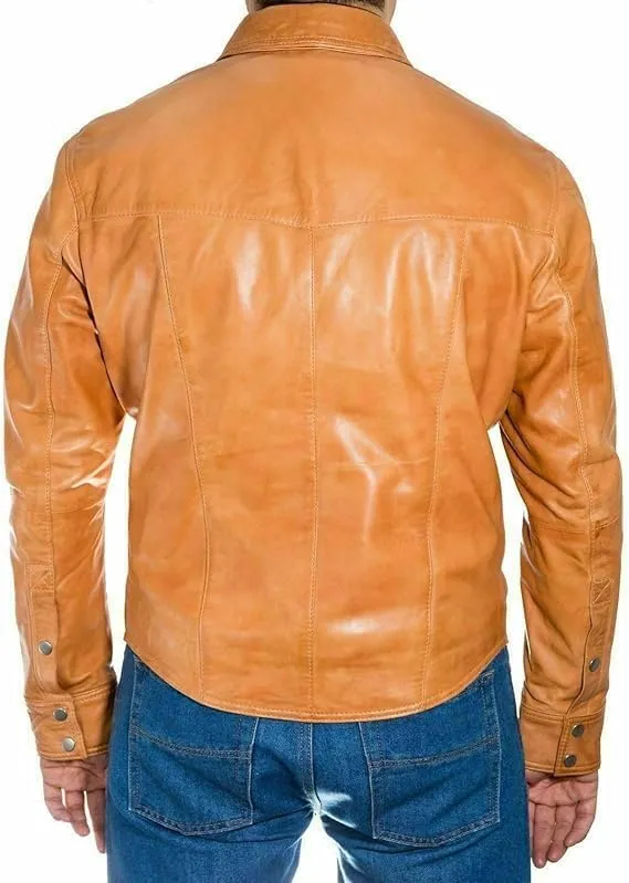 Men's Western Trucker Leather Jacket, Fitted Denim Shirt Style, Mens Wastern Cowboy Leather