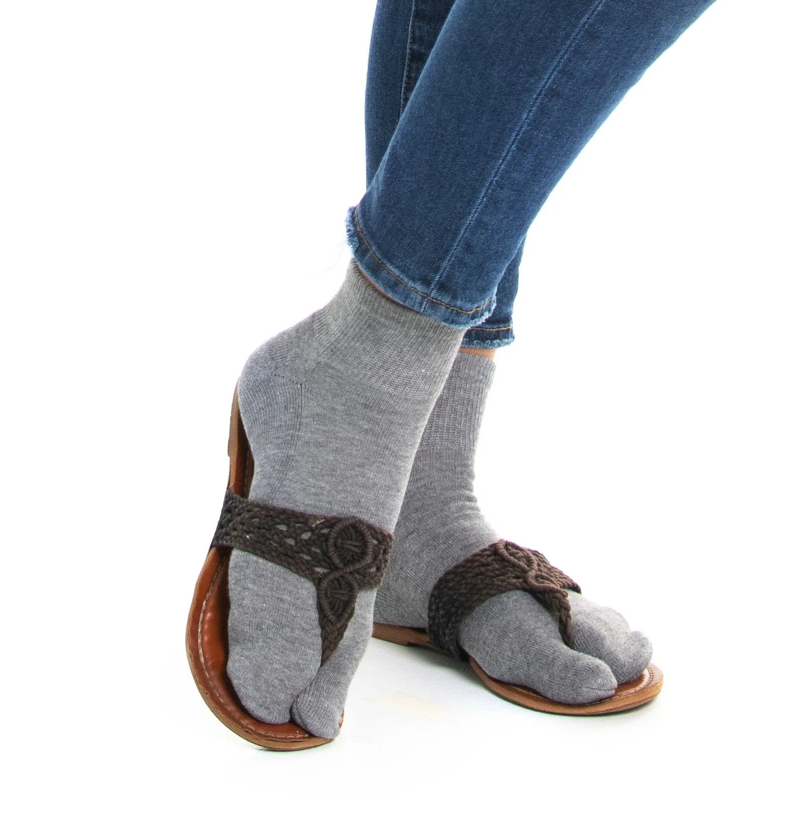 Mini-Crew - V-Toe Thicker Flip-Flop Tabi Socks Athletic or Casual Grey Cotton Blend Comfortable Stylish