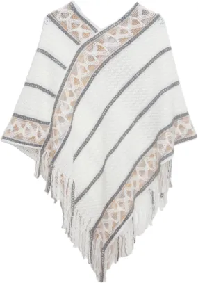 Oplxuo Women's Wrap V Neck Cape with Fringed Hem, Boho Casual Knitted Tassels Poncho Loose Pullover Sweater Coat