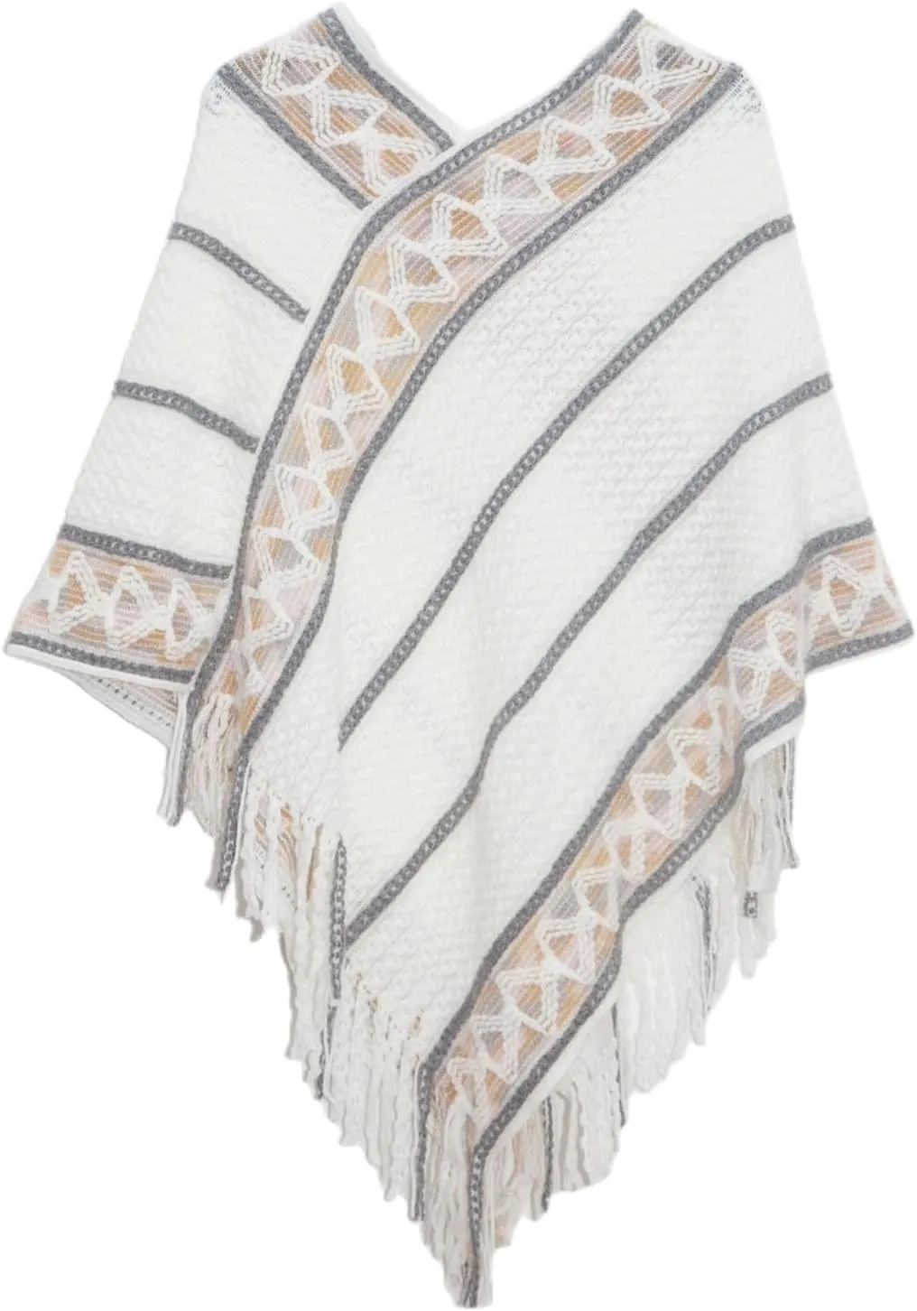 Oplxuo Women's Wrap V Neck Cape with Fringed Hem, Boho Casual Knitted Tassels Poncho Loose Pullover Sweater Coat