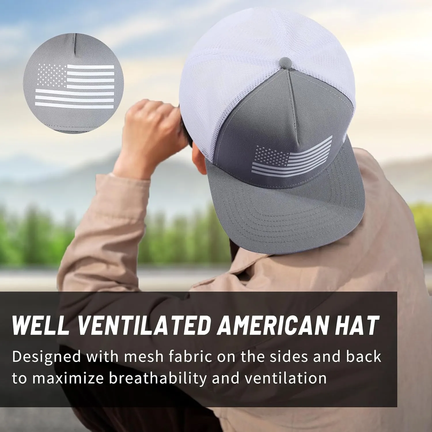 Oversize XXL American Flag Trucker Hat for Men Women,Flat Brim Adjustable Mesh Snapback Baseball Cap for Casual Wear