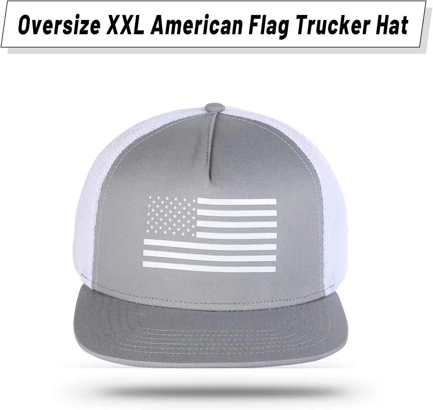 Oversize XXL American Flag Trucker Hat for Men Women,Flat Brim Adjustable Mesh Snapback Baseball Cap for Casual Wear
