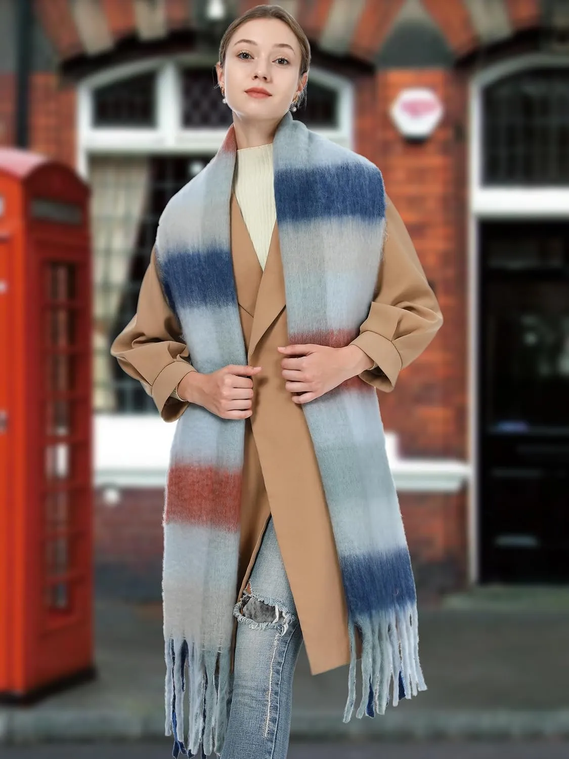 Oversized Blanket Scarf for Women Winter Fall Chunky Plaid Soft Cashmere Feel Thick Scarves with Fringed