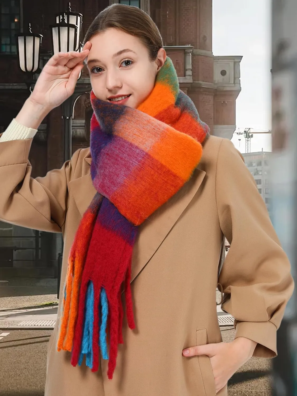 Oversized Blanket Scarf for Women Winter Fall Chunky Plaid Soft Cashmere Feel Thick Scarves with Fringed
